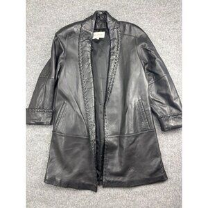 Vintage Jacobson's Leather Jacket Women's XS Black‎ Braided Trim Long Pockets